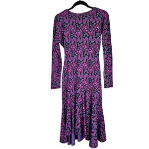 Vintage '70s Long Sleeve Purple Paisley Crew Neck Drop Waist Knit Midi Dress 4